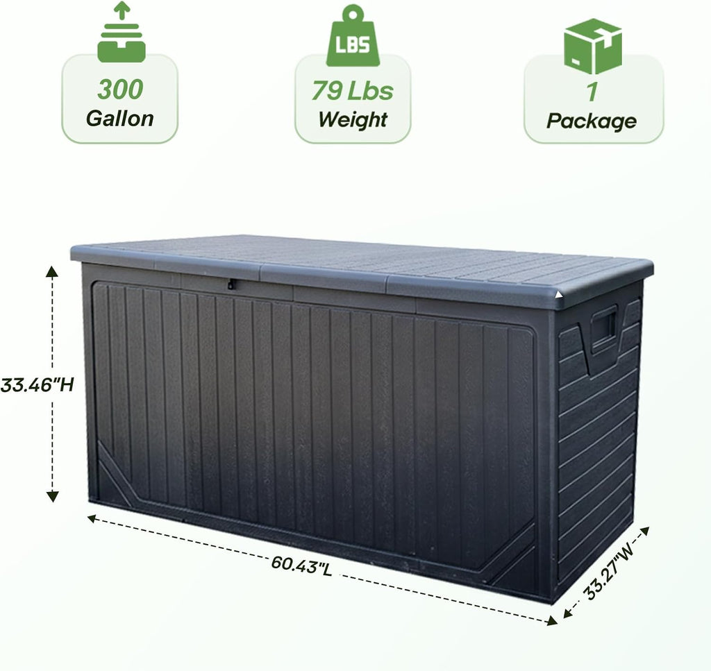 300 Gallon Outdoor Storage Deck Box, Extra Large Waterproof Resin Storage Box for Patio Cushions, Garden Tools, Pool Supplies, Outdoor Furniture Accessories, Black