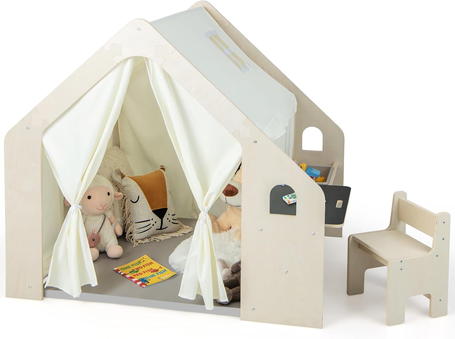Costzon Kids Tent, 6-in-1 Wooden Frame Play House with Table and Chair Set, Blackboard, Side Storage Bag & Soft Floor Mat, Indoor Playhouse for Boys Girls Aged 2-6 Years Old