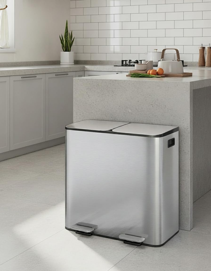 GarveeHome 2x10.6 Gallon Stainless Steel Dual Trash Can with Lid, Large Kitchen Step-on Garbage and Recycle Bin Combo, Metal Double Trash Can w/PP Inner Buckets & Liner Rim for Kitchen Waste Sorting