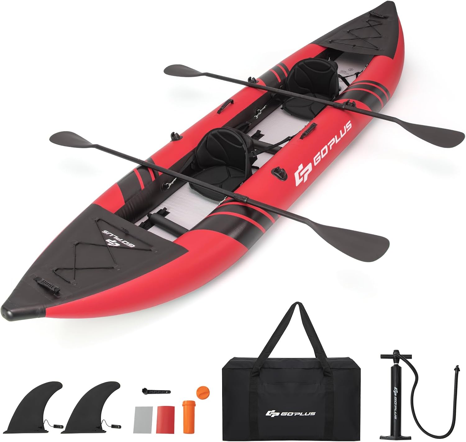 Goplus Tandem Inflatable Kayak, 12.5FT 2-Person Kayak for Adults w/507 LBS Weight Capacity, 2 Aluminium Oars, Padded Seat, 2 Fins, Hand Pump, Carry Bag, Repair Kit, Portable Touring Kayaks