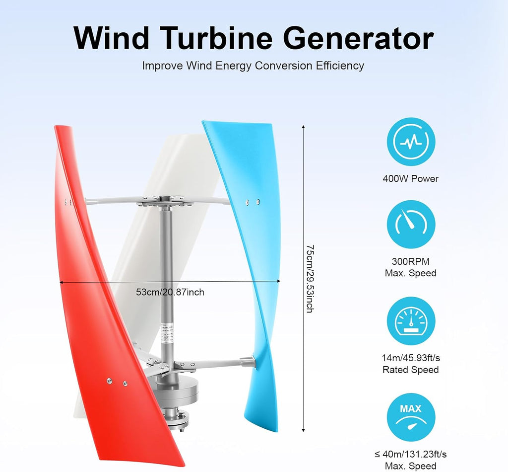 400W Wind Turbine Generator Kit, 3 Blades Wind Power Generator, 24V Vertical Axis Wind Turbine Generator Kit with Controller, Ultra-Quiet Design for Home, Boats, Street Lighting