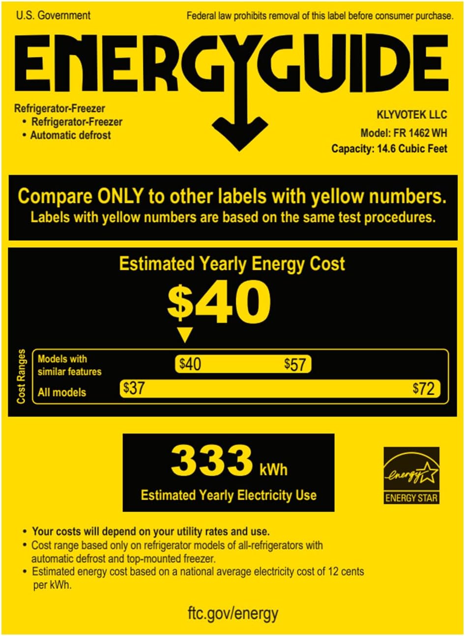 14.6 CU' Refrigerator with Freezer, Apartment Size Refrigerator Top Freezer, 2 Door Fridge with Adjustable Thermostat Control, Freestanding, Door Swing, White (FR 1462 WH)