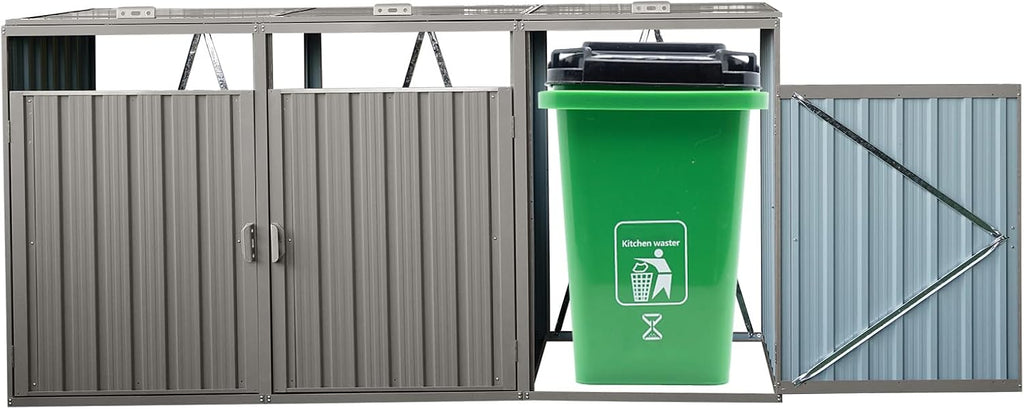 YOPTO Garbage Bin Storage Shed for 3 Trash Cans,Outdoor Trash Can Storage for Patio,Stainless Galvanized Steel Bin Shed,Rust-Proof & Scratch-Resistant Trash Can Hider,for Garden,Yard,Lawn,Grey, Gray