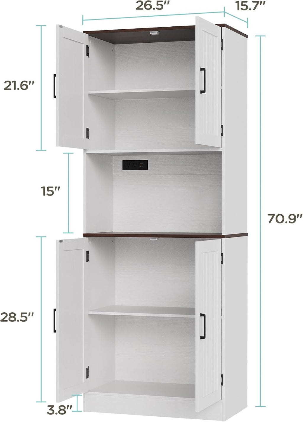 MHOM 71' Tall Pantry Cabinet with Charging Station, Farmhouse Kitchen Hutch with Adjustable Shelves, Modern Kitchen Pantry Storage Cabinet for Dinning Room & Living Room, Antique White