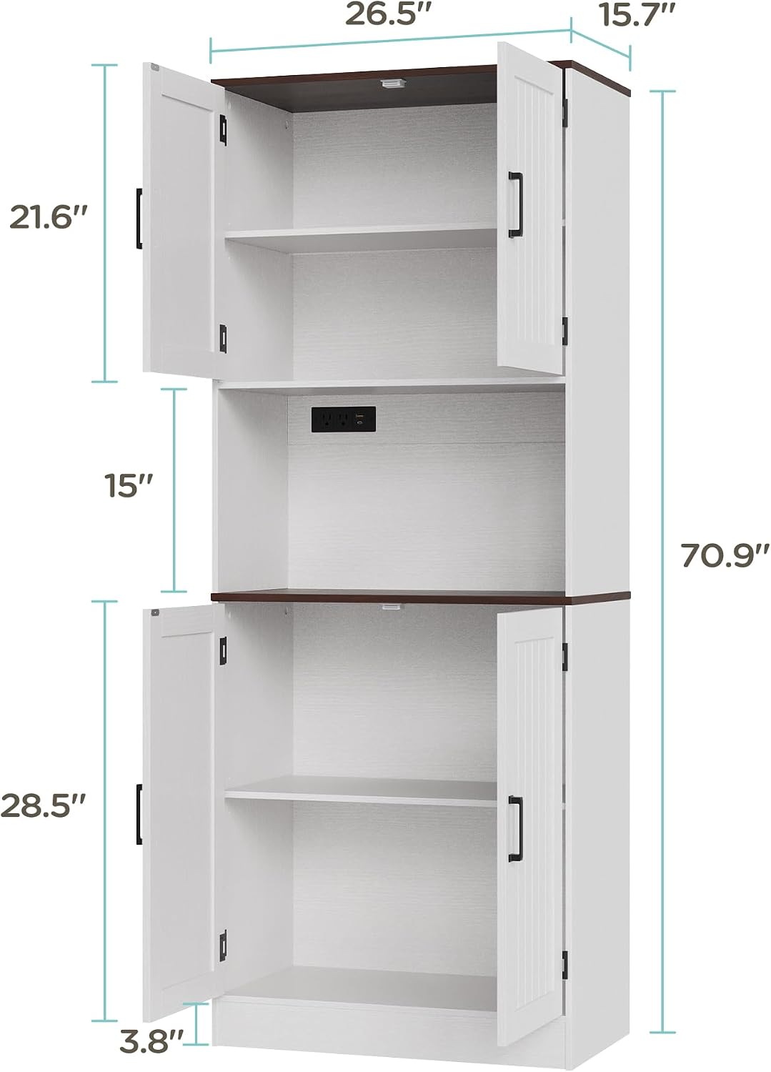 MHOM 71' Tall Pantry Cabinet with Charging Station, Farmhouse Kitchen Hutch with Adjustable Shelves, Modern Kitchen Pantry Storage Cabinet for Dinning Room & Living Room, Antique White