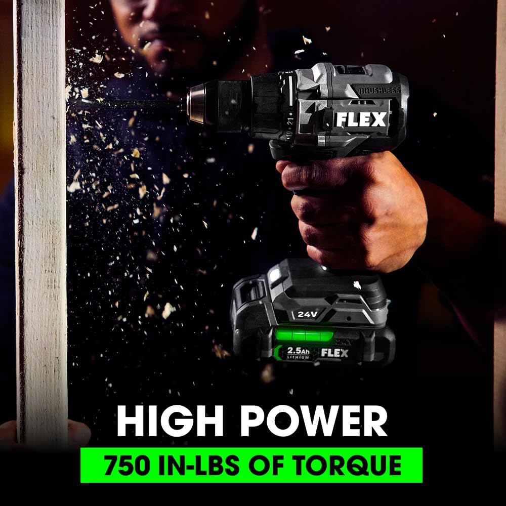 FLEX 24V Brushless Cordless 2-Tool Combo Kit: 1/2-Inch 2-Speed Drill Driver and 1/4-Inch Hex Impact Driver with (2) 2.5Ah Lithium Batteries and 160W Fast Charger - FXM201-2A