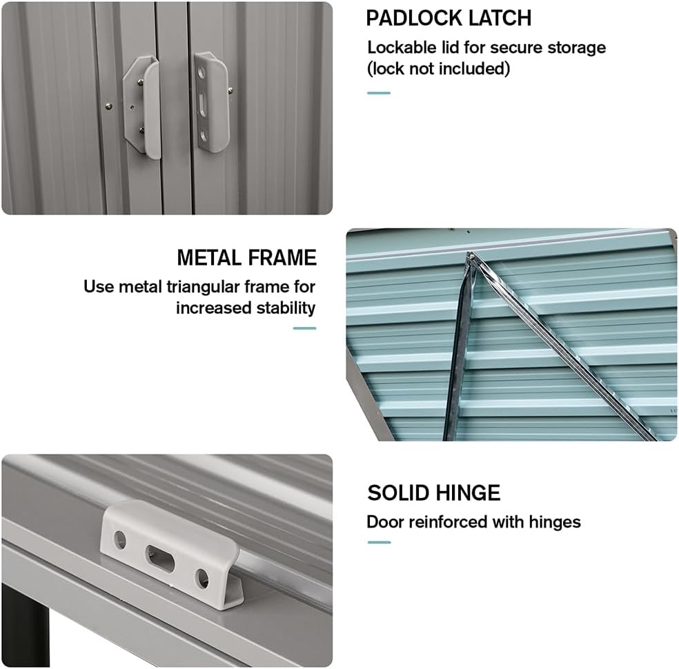 Outdoor Storage Shed for Trash Cans and Yard Tools, Bike Shed Heavy Duty Metal Shed Tool Shed with 2 Doors, Horizontal Stow-Away Storage Shed for Backyard Patio Garden,Gray,63'L × 31.5'W × 48'H