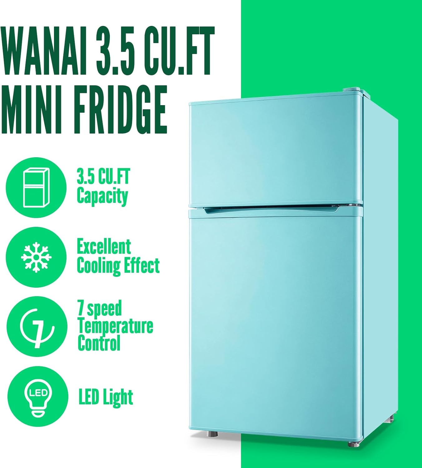 WANAI 2 Door Mini Refrigerator with Freezer-on-top, Spacious Capacity Fridge with 7-Level Adjustable Thermostat & 2 Removable Shelves Ideal for Kitchen Dorm Office Apt Blue