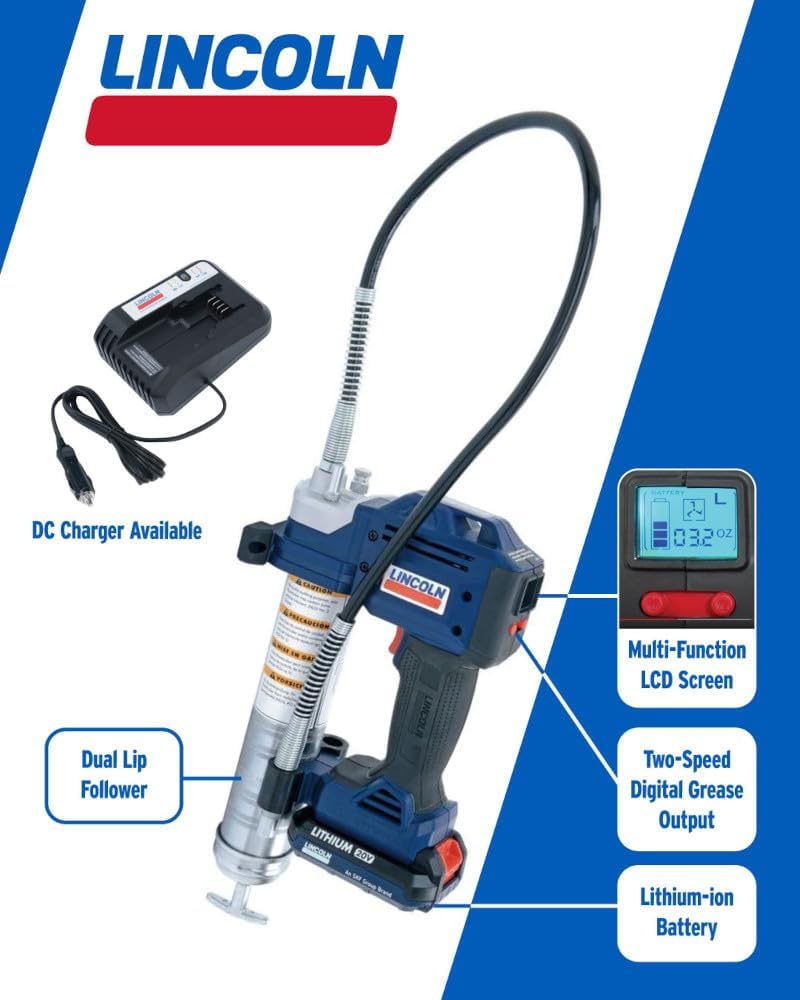 Lincoln 1884 PowerLuber 20 Volt Battery Powered Grease Gun with 36' Hose for Automotive, Agricultural, and Industrial Equipment, 10,000 PSI, Trigger-Operated, 2-Speed, (2) Lithium-Ion Battery Pack