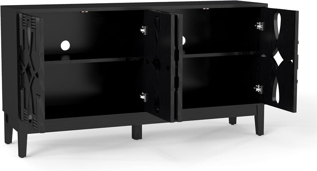 KEIKI 60.5'' Buffet Cabinet with Storage, Farmhouse Fluted Sideboard with Geometric Pattern & Adjustable Shelves, Mid Century Modern TV Stand for Living Room Kitchen Dining Room Entryway, Black