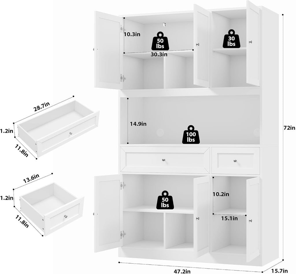 BOTLOG 2PCS Kitchen Cabinets, 71' Large Sideboard Buffet Cabinet with Storage, 72' Tall Pantry Cabinet with Microwave Stand, Wood Coffee Wine Bar Console Table for Kitchen, Dining Room, White