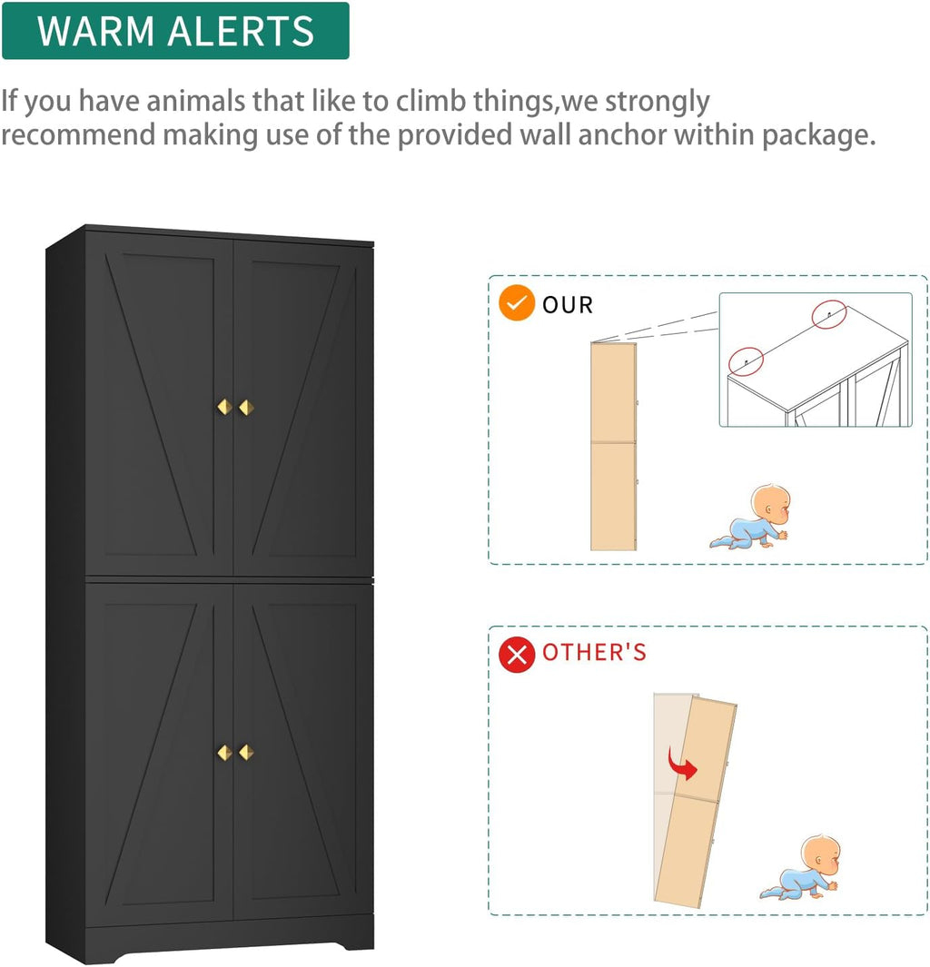 Kitchen Pantry Cabinet Set of 2, 72' Tall Farmhouse Storage Cabinet with 4 Barn Doors and Adjustable Shelves, Pantry Storage for Kitchen, Living Room, Black