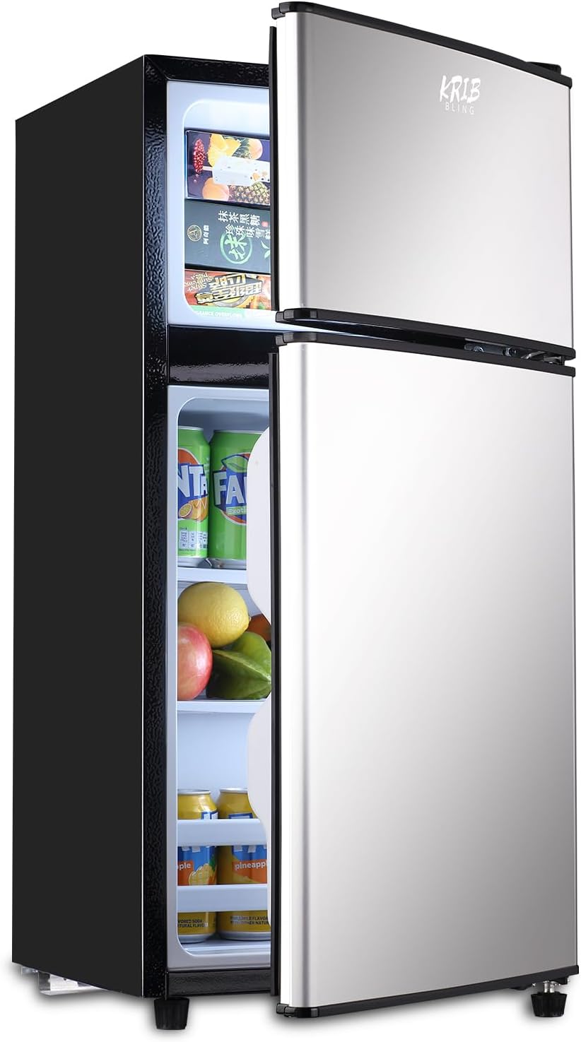 KRIB BLING 3.5 Cu.ft Refrigerators with Freezer, Fridge with 7 Level Temp Adjustable Thermostat, Fridge for Apartment, Office, Basement, Silver