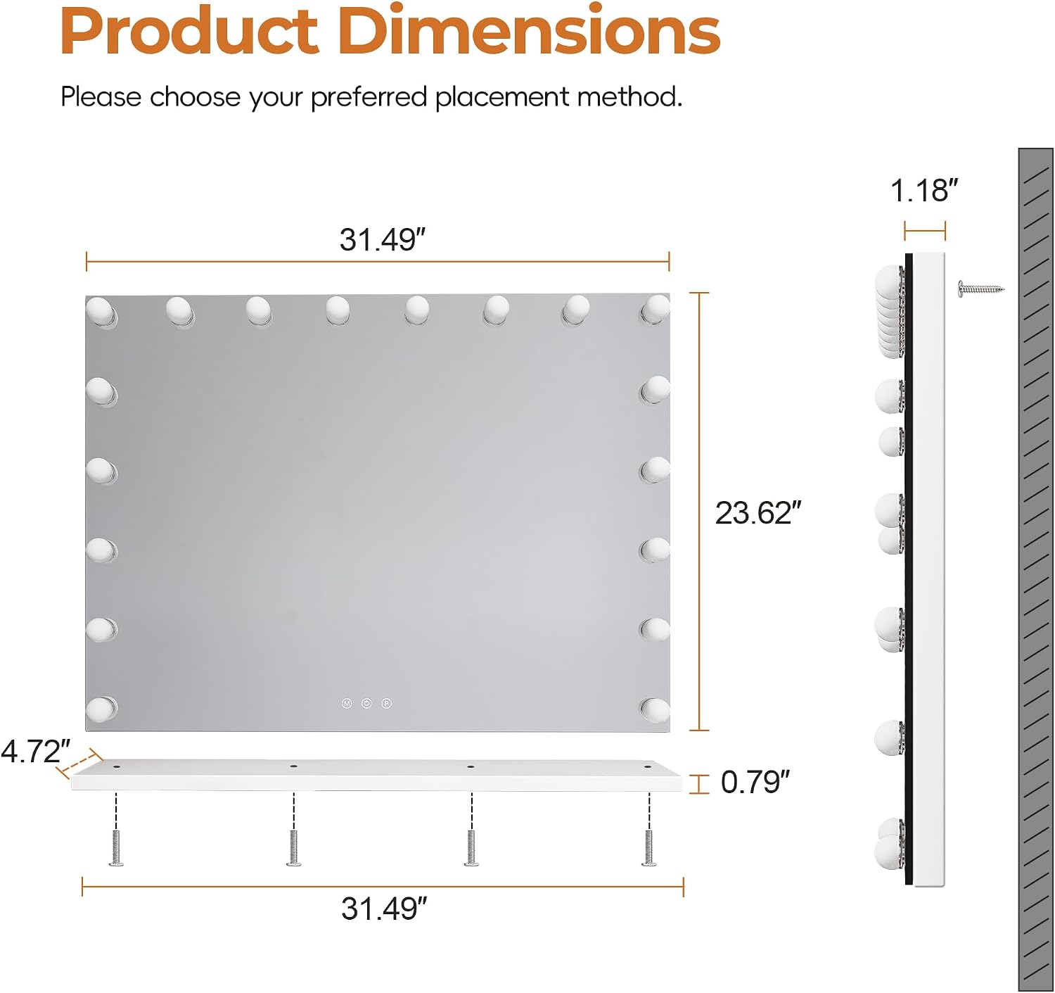 ZL ZELing Vanity Mirror Makeup Mirror with Lights,31.49' x 23.62'Large Tabletop Light up Mirror with 18Bulbs,10X Magnification,USB Charging Port,3 Color Touch Control Dimmable Lights.