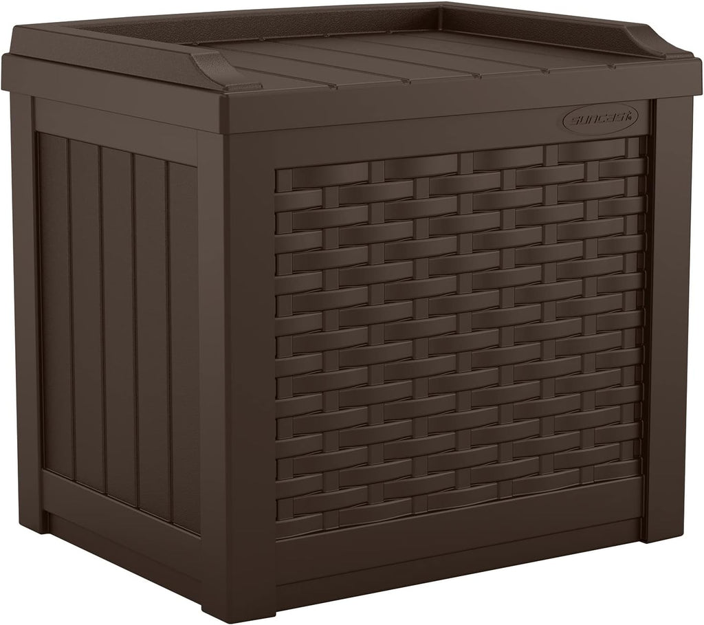 Suncast 33 Gallon Durable Plastic Hideaway Outdoor Garbage Can with Secure Lid and Wicker Design for Home Backyards, Decks, or Patios, Java Brown & 22 Gallon Small Resin Storage Seat, Java, SSW600J