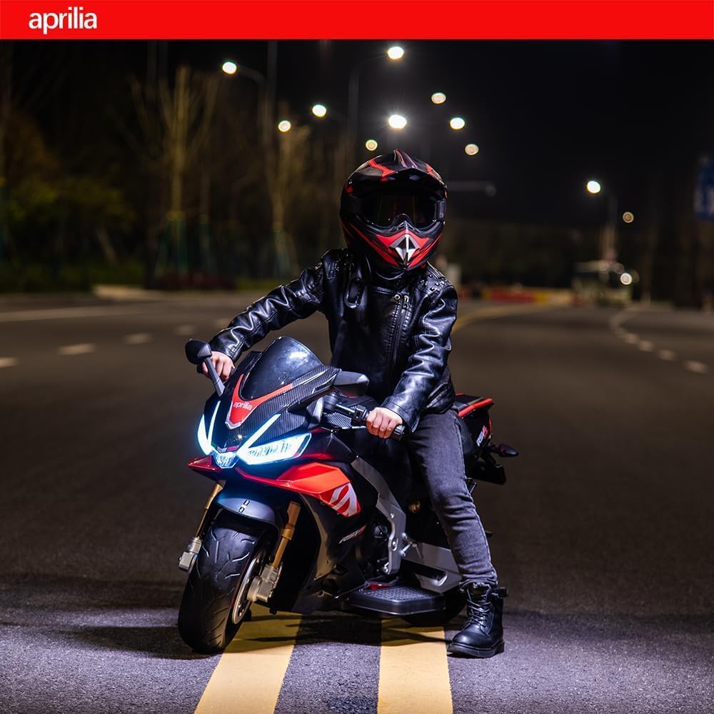 TCARAIWEN Aprilia Licensed 24V Kids Electric Motorcycle,Ride-On Motorcycle Speed Up to 8mph with Side Wheels, Key Switch and Mp3 (Normal Motors - 24V, Black)