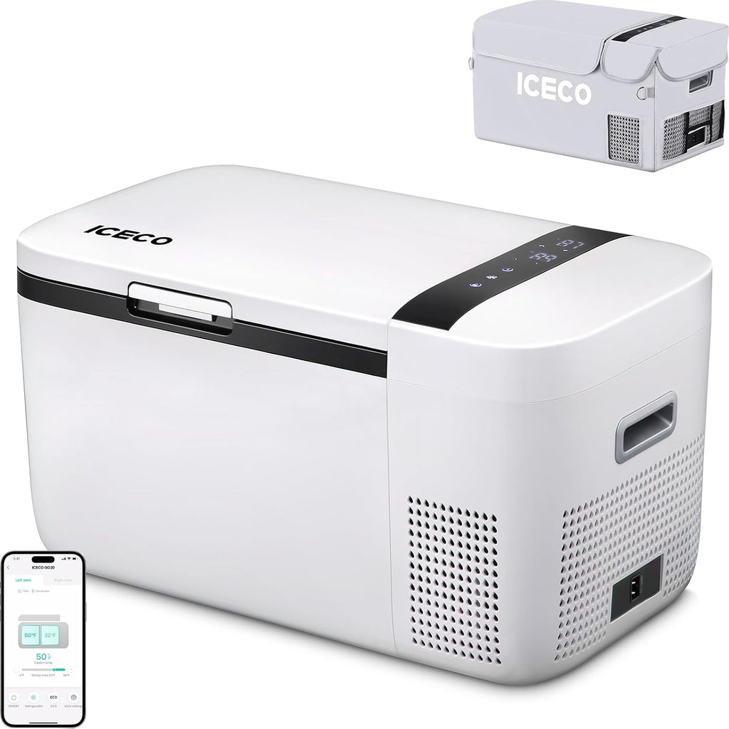 ICECO GO20 21Qt/20L Portable Refrigerator, 12Volt Refrigerator Powered by SECOP, 0℉-50℉, Bluetooth Connection, 12/24VDC&110-240VAC, 12v Fridge Freezer for Car, Camping, Travel |+ Insinuation Bag