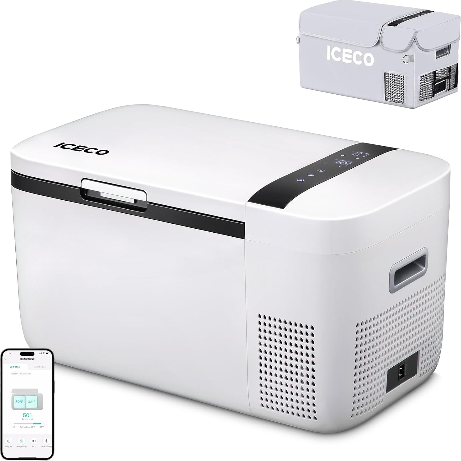 ICECO GO20 21Qt/20L Portable Refrigerator, 12Volt Refrigerator Powered by SECOP, 0℉-50℉, Bluetooth Connection, 12/24VDC&110-240VAC, 12v Fridge Freezer for Car, Camping, Travel |+ Insinuation Bag
