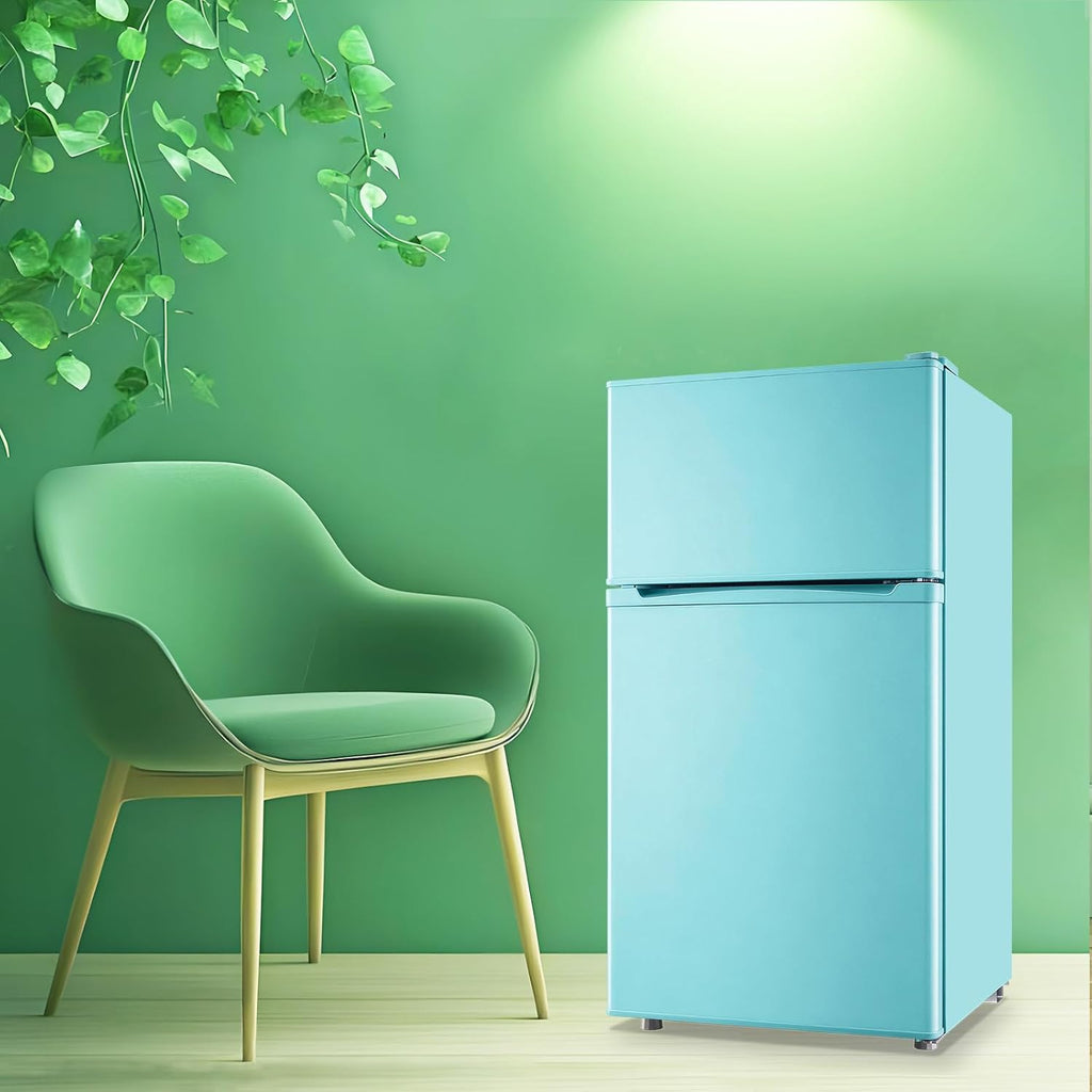 WANAI 2 Door Mini Refrigerator with Freezer-on-top, Spacious Capacity Fridge with 7-Level Adjustable Thermostat & 2 Removable Shelves Ideal for Kitchen Dorm Office Apt Blue