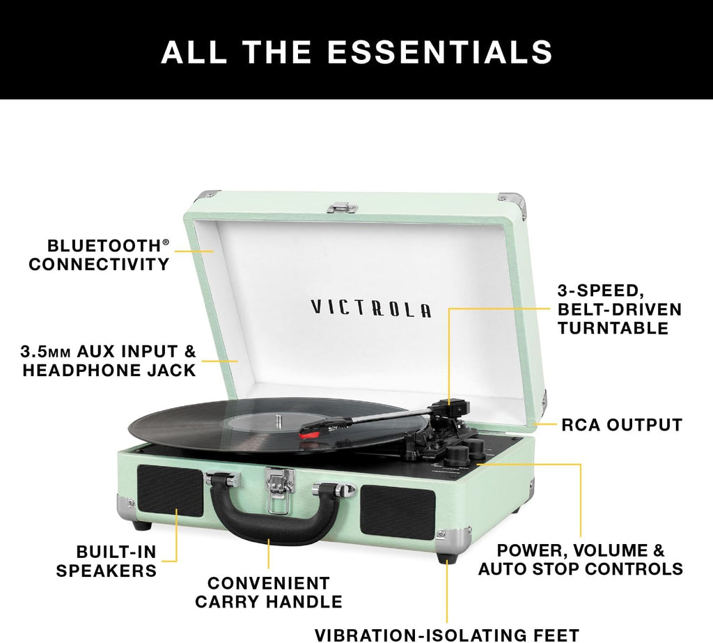Victrola Journey - Bluetooth Suitcase Record Player - White/Silver | Built-in stereo speakers, 3-speed turntable plays 7', 10' and 12' records, Bluetooth streaming, headphone jack
