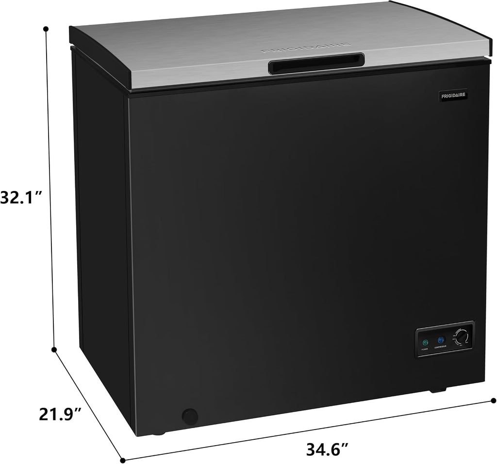 FRIGIDAIRE Chest Deep Freezer, 7 Cu. Ft, Black Adjustable Thermostat-Removable Vinyl Coated Wire Basket-Easy Defrost Drain, Eye-Catching Stainless Steel Top Door- Garage Ready