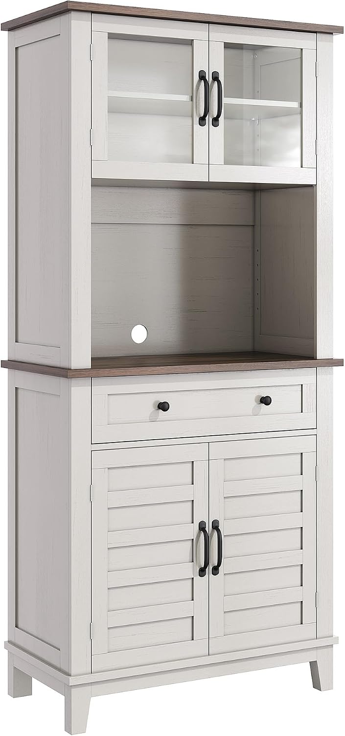 GAOMON Elegant 72' White Pantry Coffee Bar Cabinet – Tall Kitchen Storage with Adjustable Shelves, 4 Glass Doors & 1 Drawer – Multi-Functional Hutch for Dining Room & Kitchen, White