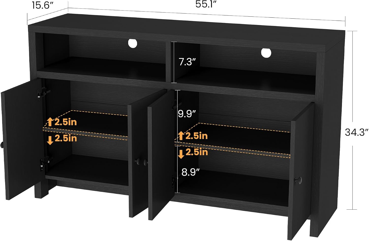 Garvee Buffet Sideboard with Storage, 4 Doors & Adjustable Shelves, 55'' Large Farmhouse Kitchen Storage Cabinet Wood Coffee Bar Cabinet for Kitchen, Dining Room, Entryway, Living Room, Black