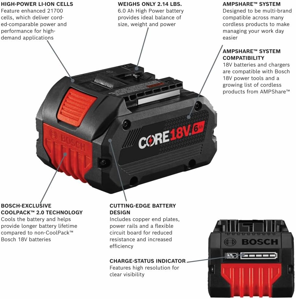 Bosch GBA18V60-2PK 18V CORE18V® Lithium-Ion 6 Ah High Power Battery, 2-Pack