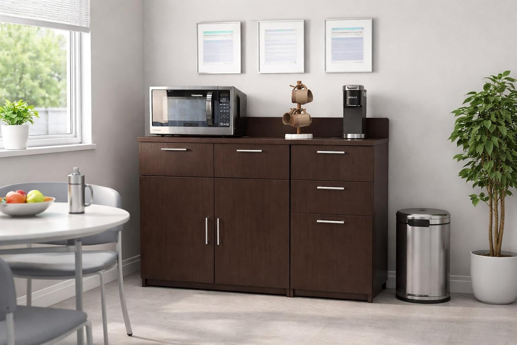 BREAKtime Breakroom Cabinet with Door and 3-Drawer Storage, Office Snack and Supply Cabinet, Commercial-Grade, Fully Assembled, 54' W x 24' D x 36' H, Appliances Not Included