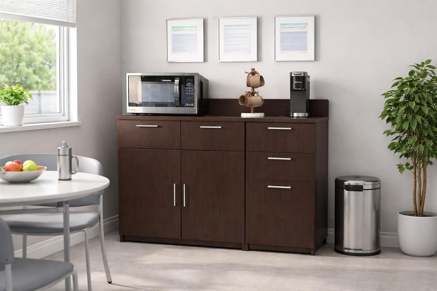 BREAKtime Breakroom Cabinet with Door and 3-Drawer Storage, Office Snack and Supply Cabinet, Commercial-Grade, Fully Assembled, 54' W x 24' D x 36' H, Appliances Not Included