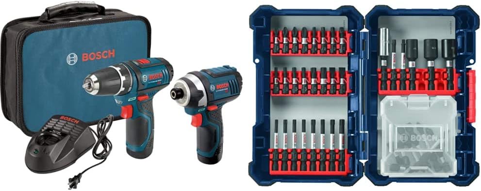 BOSCH Power Tools Combo Kit CLPK22-120 - 12-Volt Cordless Tool Set (Drill/Driver and Impact Driver) w/ 2 Batteries, Charger and Case and SDMS40 40 pc. Impact Tough Screwdriving Custom Case System Set
