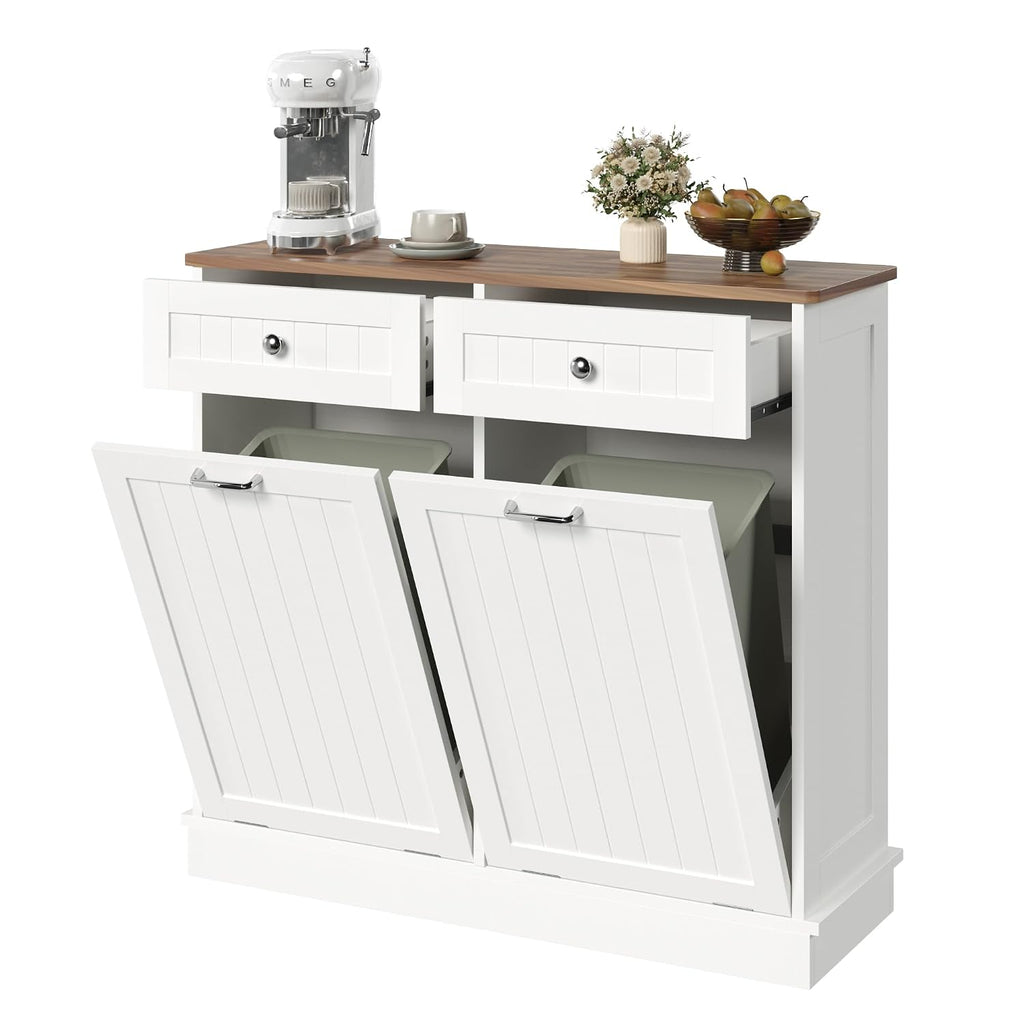 KIGOTY Double Tilt Out Trash Can Cabinet, 20 Gallon Hidden Trash Storage Cabinet with 2 Hideaway Drawers, Freestanding Trash Can for Kitchen, Wooden Laundry Hamper Cabinet, Pet Proof (White-Walnut)