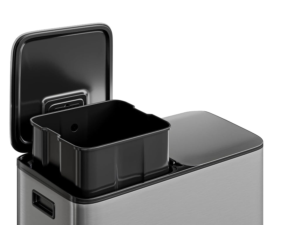 GarveeHome 2x10.6 Gallon Stainless Steel Dual Trash Can with Lid, Large Kitchen Step-on Garbage and Recycle Bin Combo, Metal Double Trash Can w/PP Inner Buckets & Liner Rim for Kitchen Waste Sorting