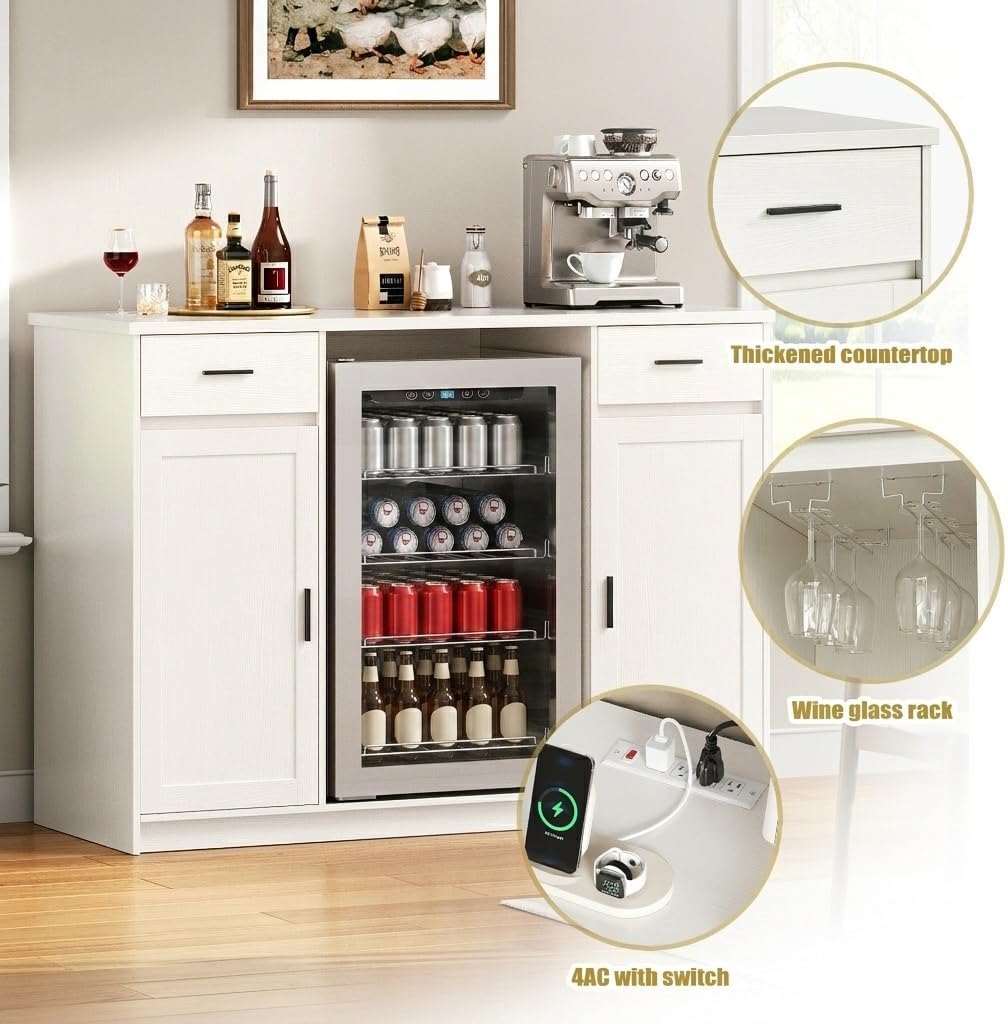 Herture Mini Fridge Cabinet,Coffee Bar Cabinet with Fridge Space & Wine Storage with Outlets,Fits 24' Fridge,Mini Fridge Stand,Buffet Sideboard Table Wine Cabinet for Kitchen Dining Room White KH04MRN