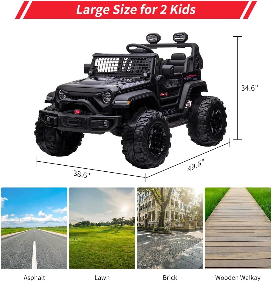 24V 2 Seaters Kids Ride On Truck with Remote Control, 20' Large Seat + 15.5' Wheels, Electric Vehicle Car with LED Light,Large Storage Space, Bottle Holder,Music, Horn,USB for Kids (Black)