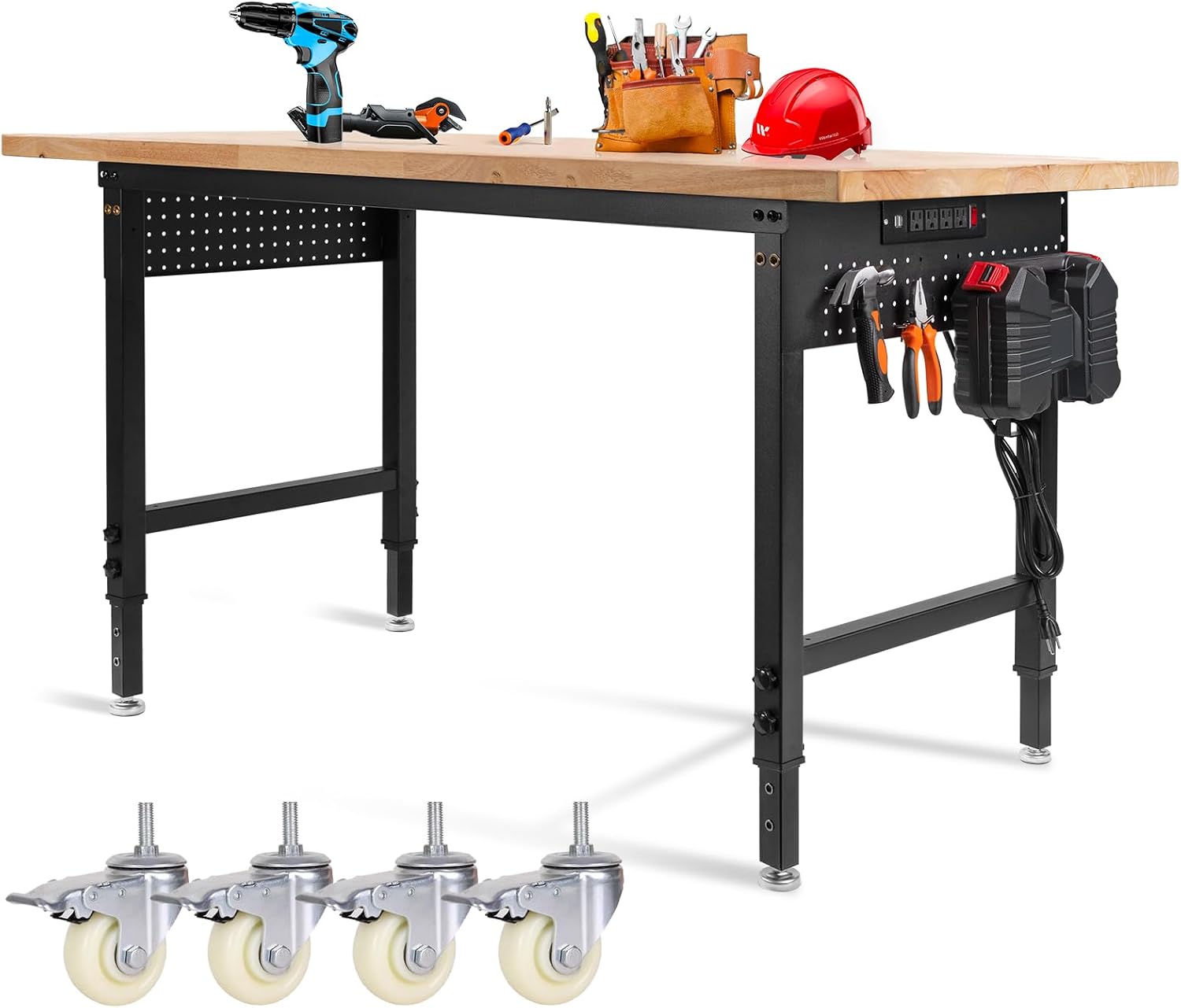 Height Adjustable Workbench with Wheels 60'×22' Heavy Duty Work Table 2000 LBS Capacity Rolling Work Table Rubber Wood Work Station with Power Outlet & Pegboard for Garage, Office, Workshop