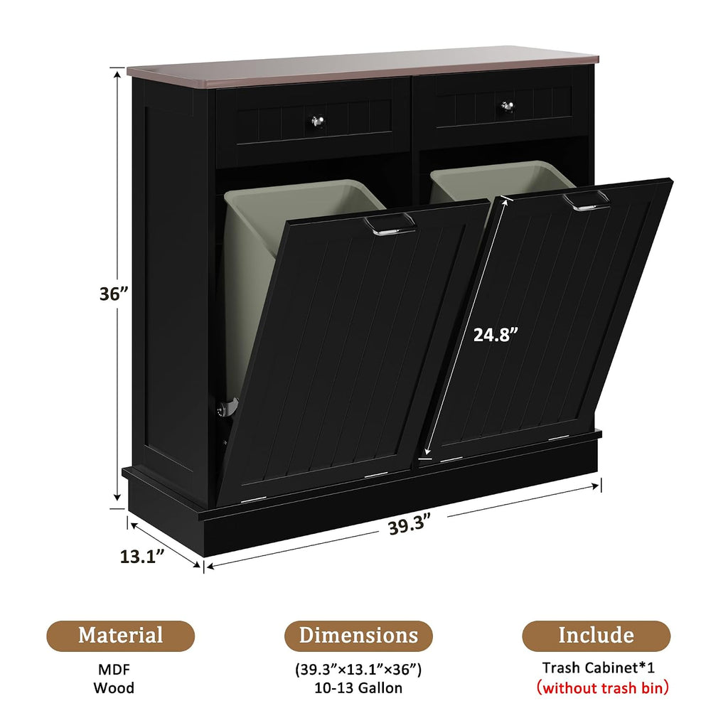 KIGOTY Double Tilt Out Trash Can Cabinet, 20 Gallon Hidden Trash Storage Cabinet with 2 Hideaway Drawers, Freestanding Trash Can for Kitchen, Wooden Laundry Hamper Cabinet, Pet Proof (Black)