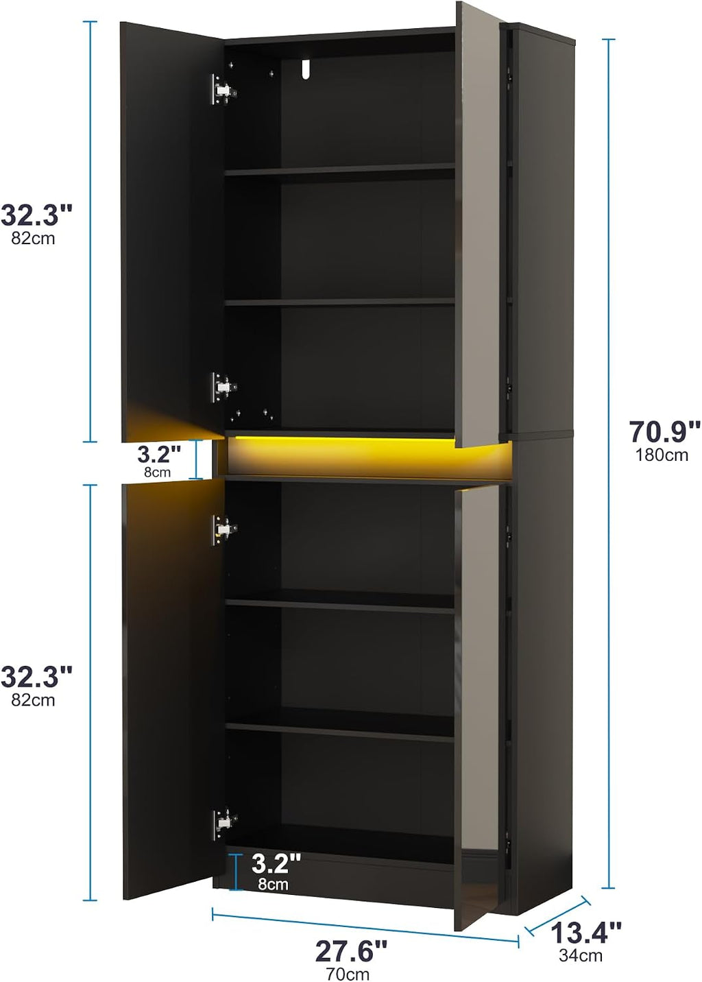 Furnify 71' Tall Pantry Storage Cabinet, Kitchen Pantry with High Gloss Doors, Modern Buffet Hutch Cabinet with Led Light and Adjustable Shelves for Dining Room, Living Room, Black