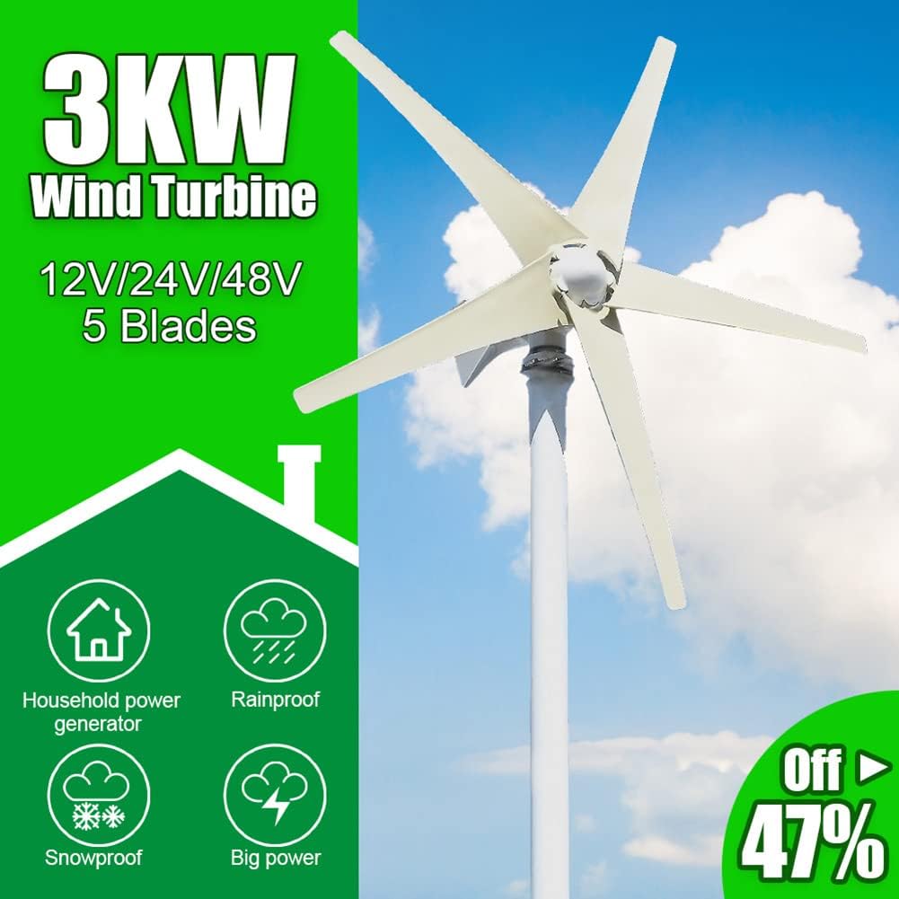 Wind Turbine Generator Kit 3000W with 5 Blade Vertical Axis Wind Generator Kit with Controller for Marine Home Garden Boat Marine Street Lighting System,12v