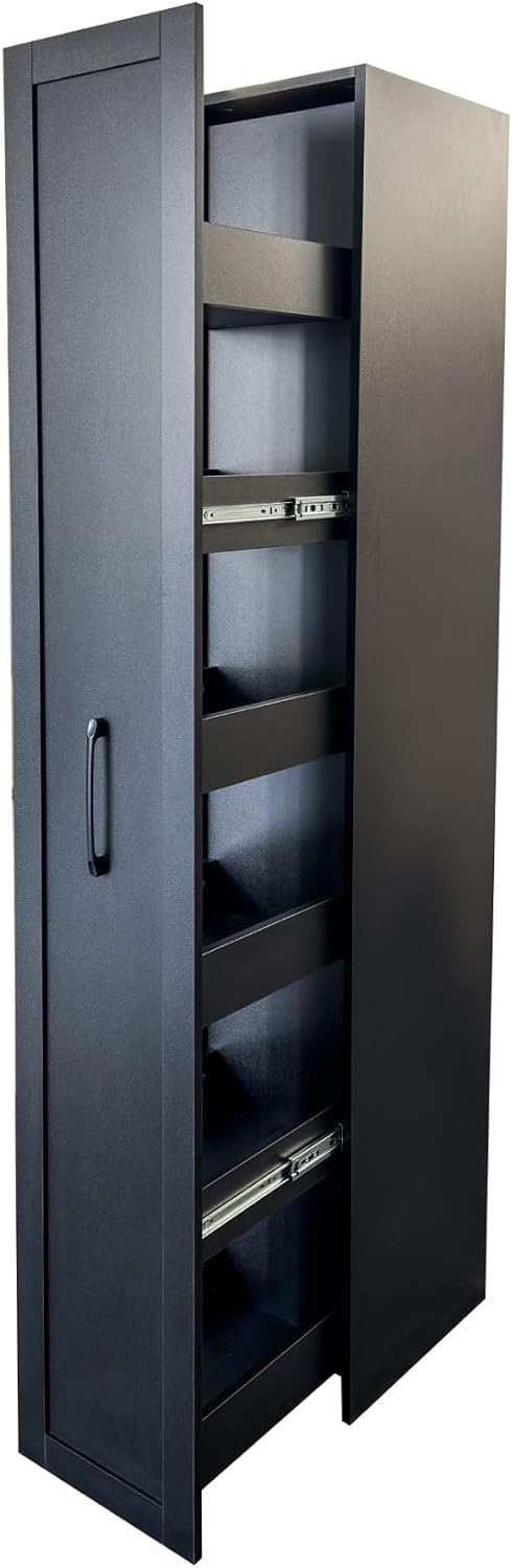 KEIKI Pull-Out Kitchen Pantry Storage Cabinet with Multi-Tier Shelf, Spice Rack Next to Fridge, Freestanding Wood Hutch Food Pantries Cupboard for Coffee Bar, Dining Room, Narrow Spaces
