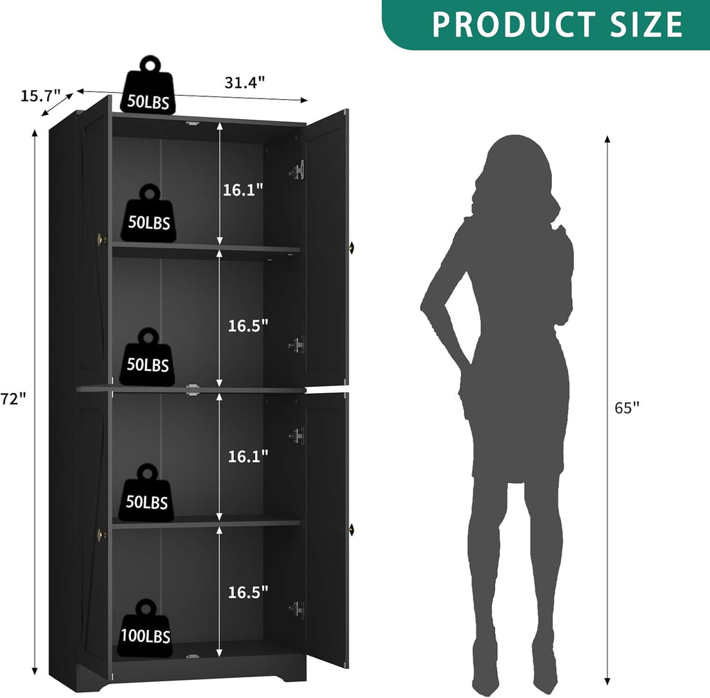 Kitchen Pantry Cabinet Set of 2, 72' Tall Farmhouse Storage Cabinet with 4 Barn Doors and Adjustable Shelves, Pantry Storage for Kitchen, Living Room, Black