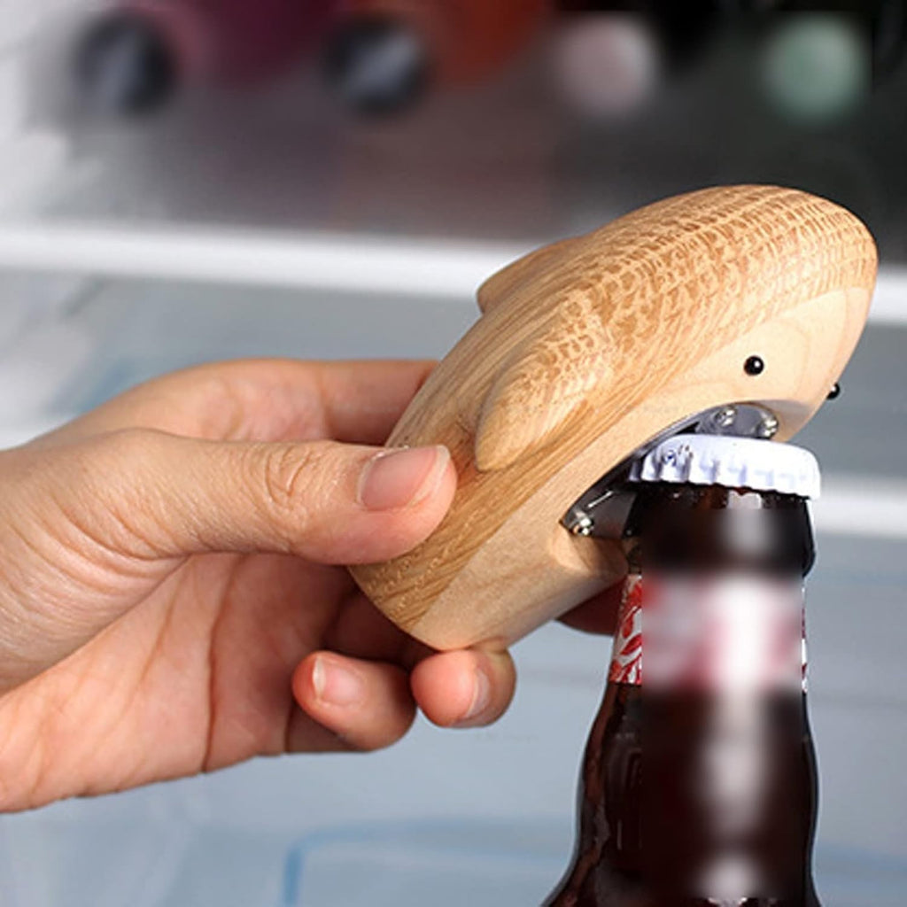 Shark-shaped bottle opener, wooden and metal, suitable for beer cans, cola, bartenders, kitchens, wine utensils, interesting gifts
