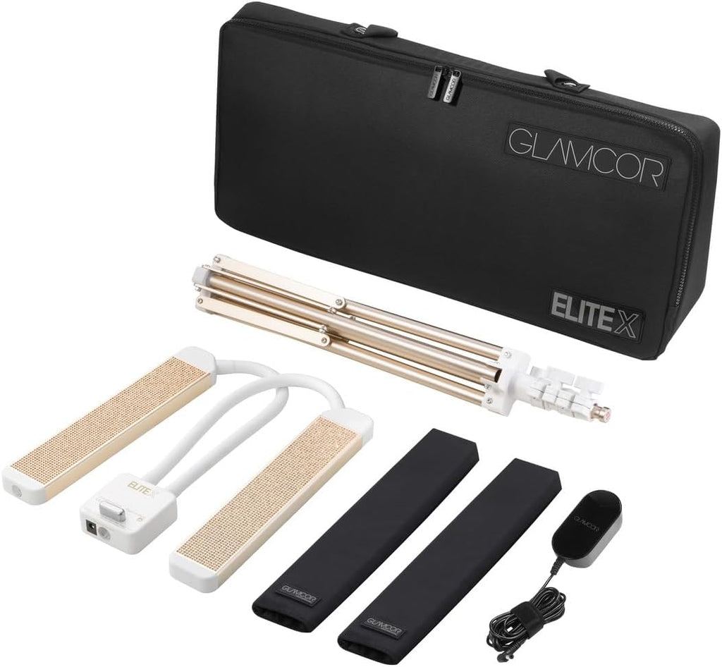 GLAMCOR Elite X Portable LED Lighting Kit for Eyelash Extension, Esthetician, Makeup, Filming & Photography | 5600K Five-Stage Dimming Daylight, with Travel Bag & Tripod (White/Gold w/Gold Sparkle)