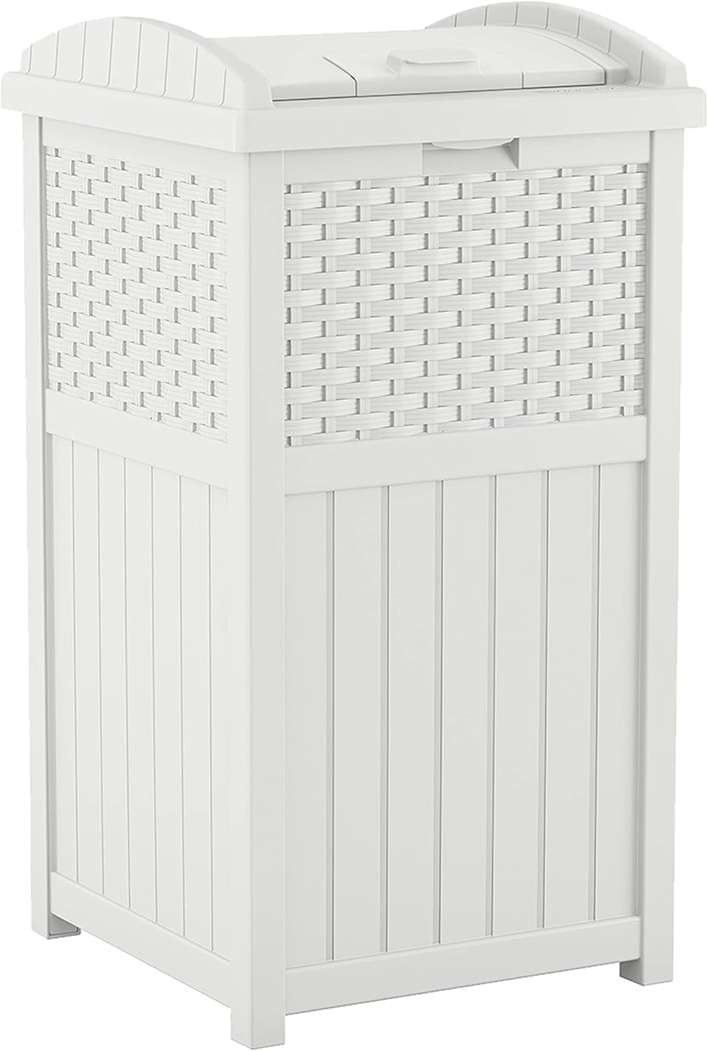 Suncast 99 Gal Resin Wicker Patio Storage Box - Water Resistant Outdoor Storage Container White & 33 Gal Hideaway Trash Can for Patio - Resin Outdoor Trash with Lid
