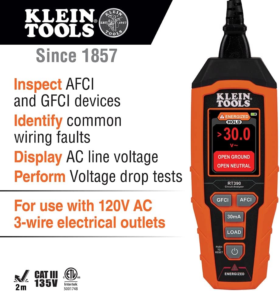 Klein Tools RT390 Circuit Analyzer with Large LCD, Identifies Wiring Faults, GFCI and AFCI Tester, Voltage Drop, Displays Trip Time