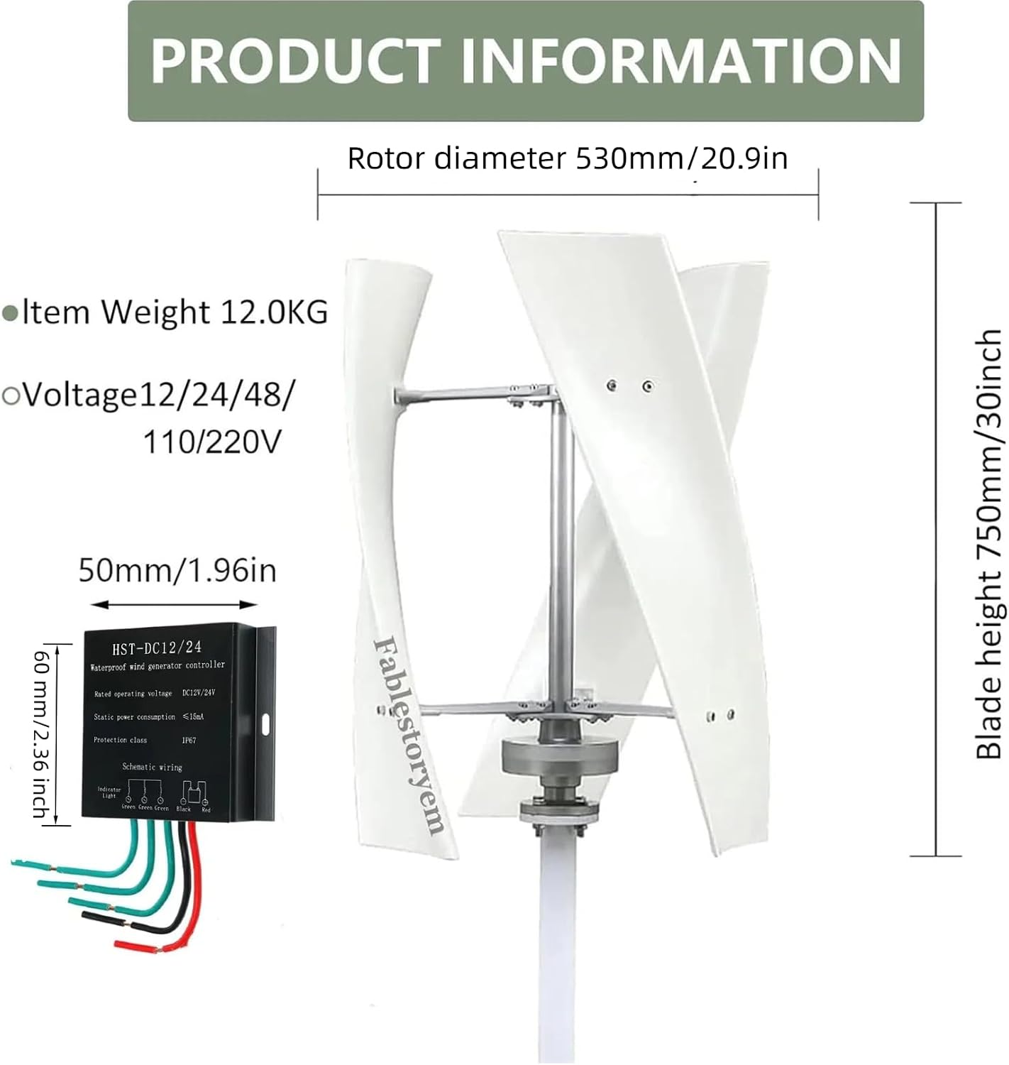 2000W Wind Turbine Vertical Wind Generator Kit,12V/24V/48V Wind Power Generator,High Efficiency Wind Turbine Generator, with Controller, for Hybrid Solar Wind System (48)