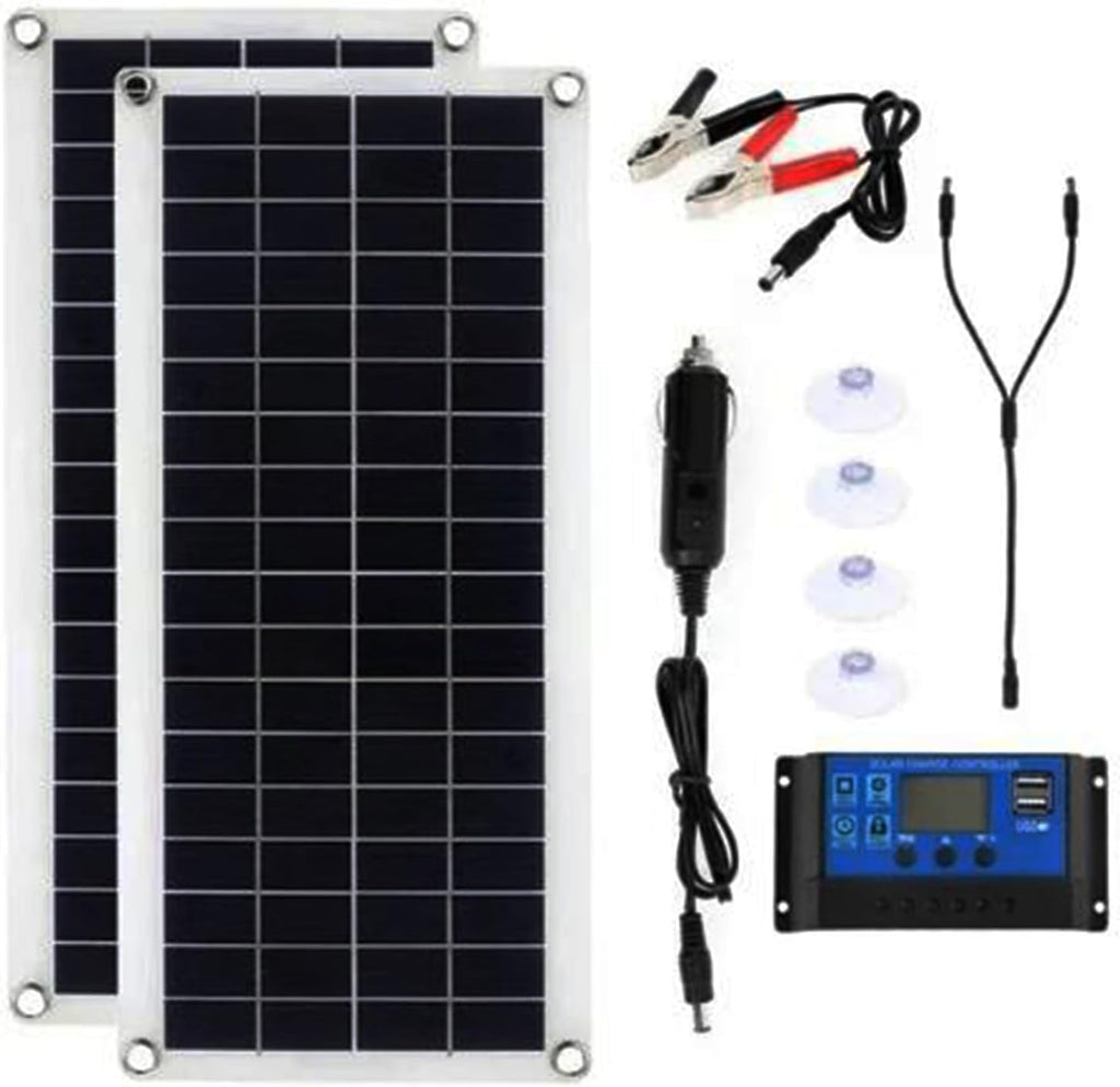 2PC 300W Solar Panel Kit 12V Polycrystalline USB Power Portable Outdoor Rechargeable Solar Cell Solar Generator for Home Phone(with 60A Controller)