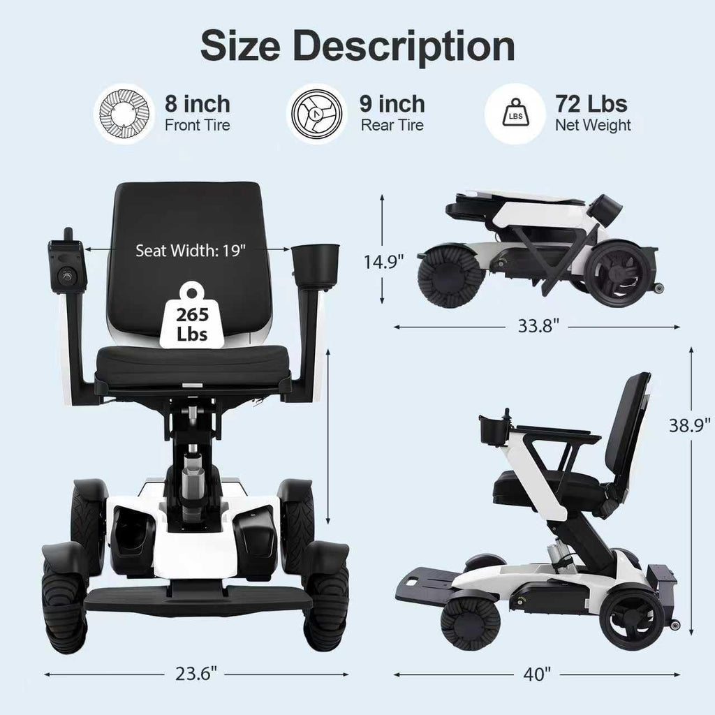 Electric Wheelchair for Adults: Foldable Mobility Scooter with Remote Control & Lift, Adjustable Backrest, Dual Motor Power for Indoor/Outdoor Use, White-S12