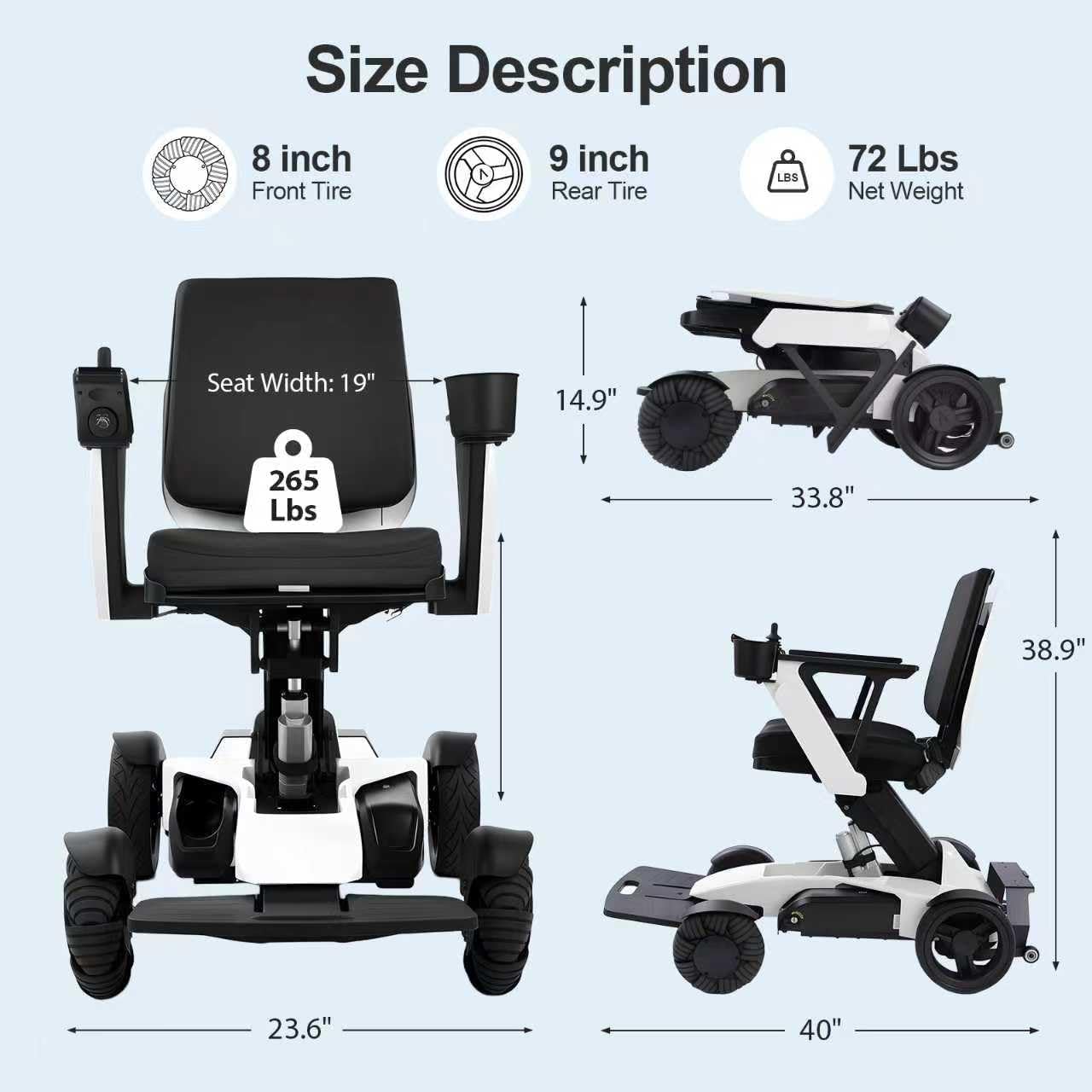 Electric Wheelchair for Adults: Foldable Mobility Scooter with Remote Control & Lift, Adjustable Backrest, Dual Motor Power for Indoor/Outdoor Use, White-S12