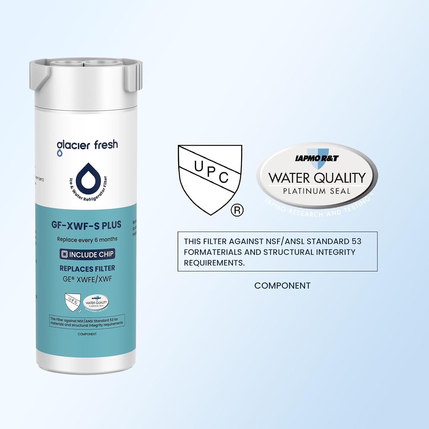 GLACIER FRESH Water Filter Compatible with XWFE (Built-in CHIP), Replacement for GE XWFE, XWF Refrigerator Water Filter NSF/ANSI 53 Certification Pack of 3